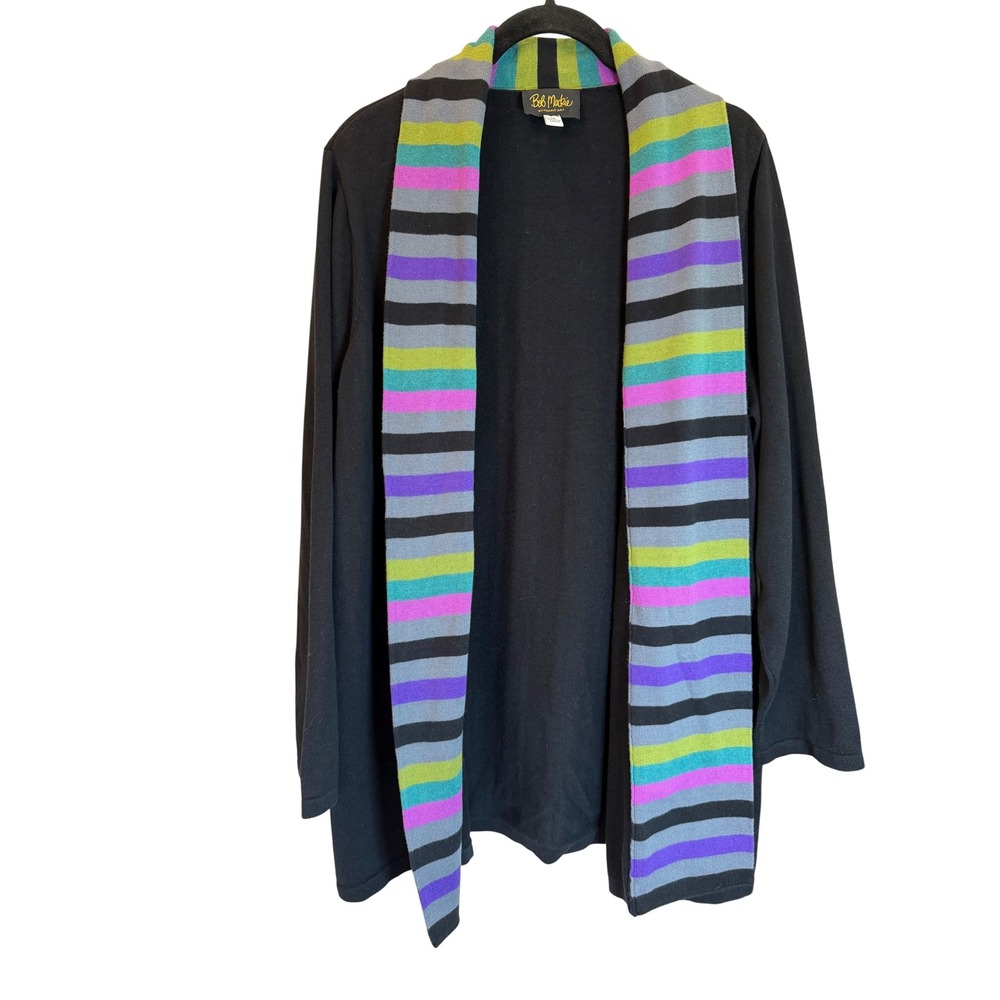 Bob Mackie Wearable Art Striped Trim Open Front Cardigan Black Multi 1X